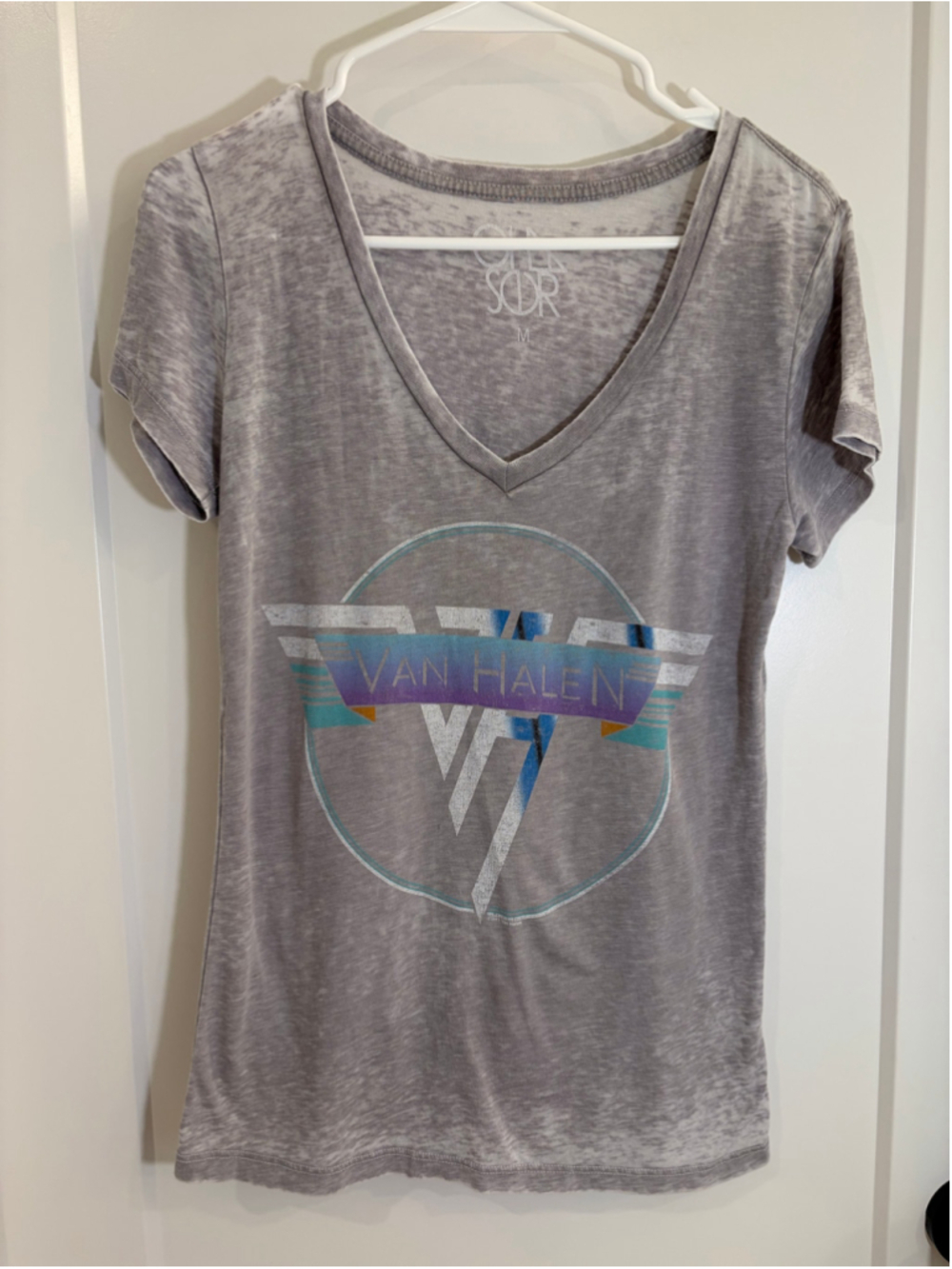 Chaser Van Halen Graphic Burnout V-Neck T-Shirt Grey Made in USA Women’s Medium